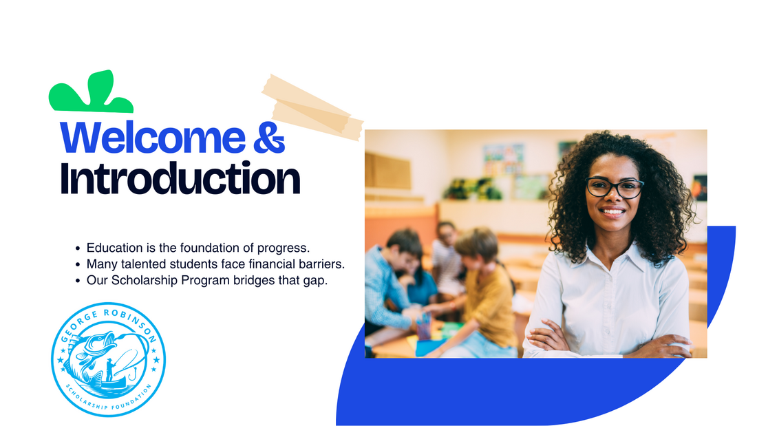 A woman with curly hair and glasses smiling in a classroom with children in the background. The image is part of a presentation slide titled 'Welcome & Introduction' with a logo for George Robinson Scholarship Foundation.