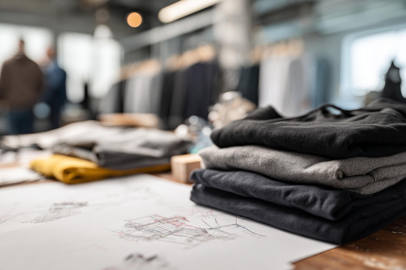 Stacked folded t-shirts in black, gray, and dark blue on a table with sketches and yellow fabric nearby in a clothing store or workshop.
