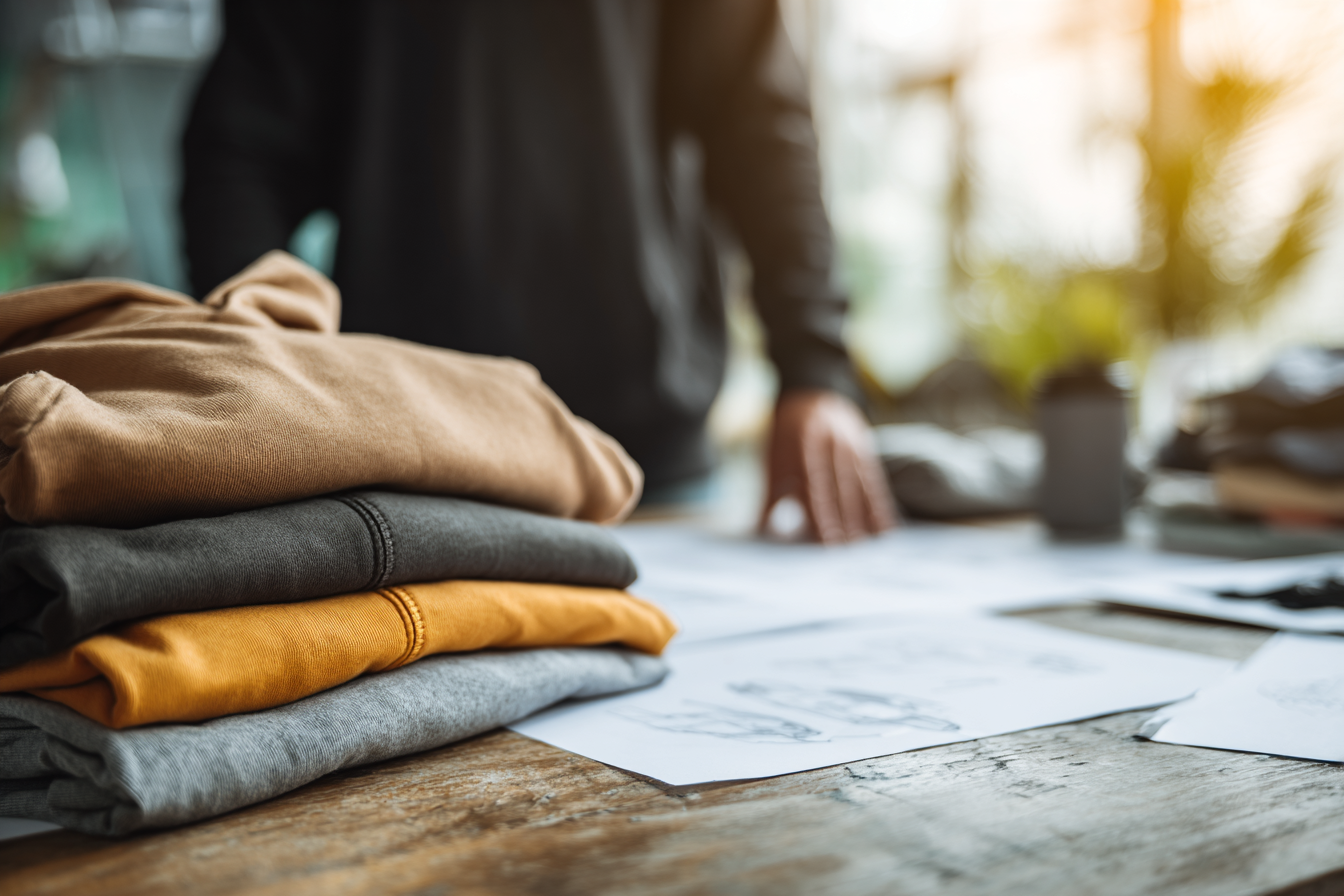 Stacked folded sweatshirts in beige, gray, yellow, and light gray colors on a wooden table with papers and sketches nearby, with a person in dark clothing in the background and sunlight streaming in.