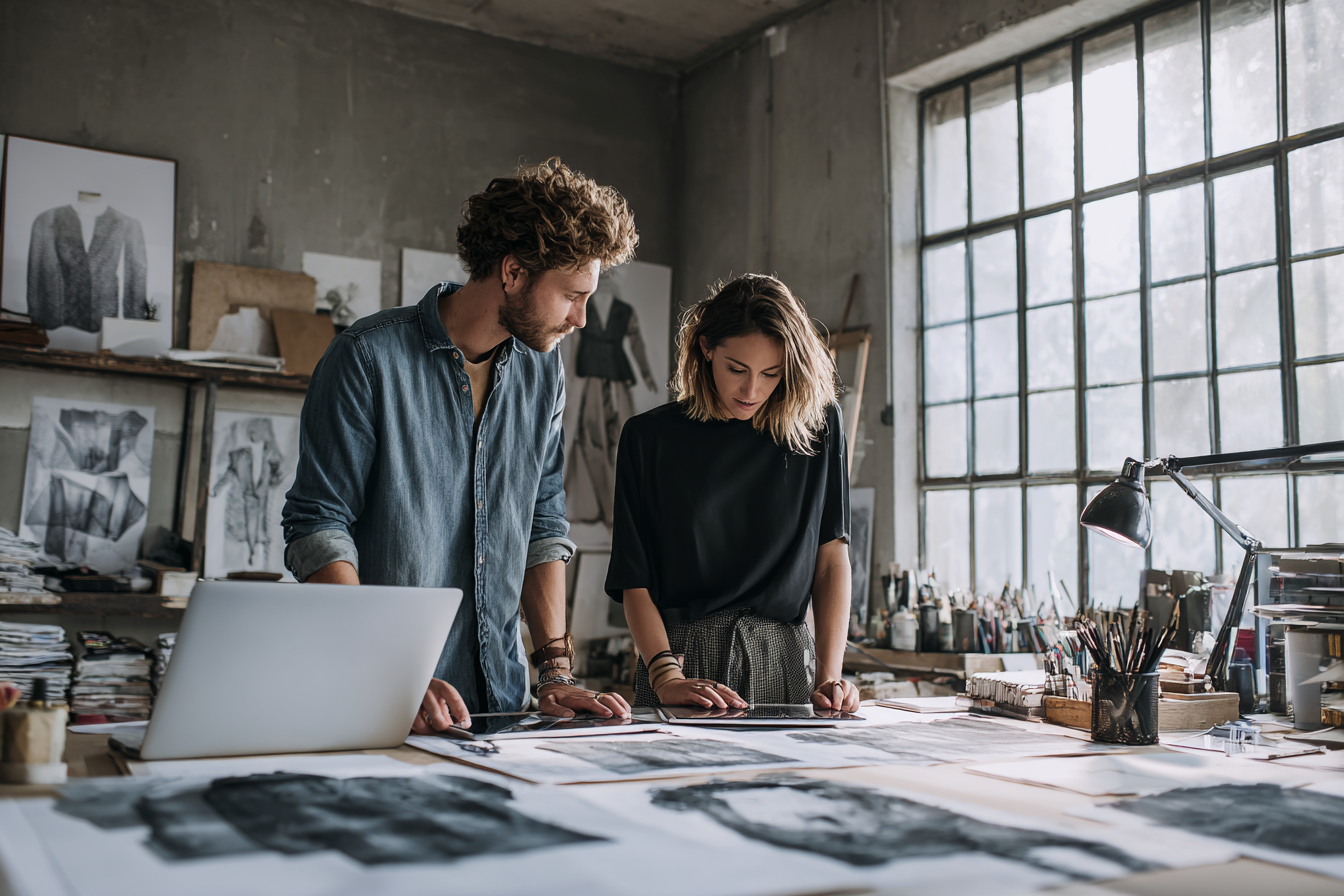 Two young designers examining fashion sketches on a table in a creative studio with large window and art posters on the wall.