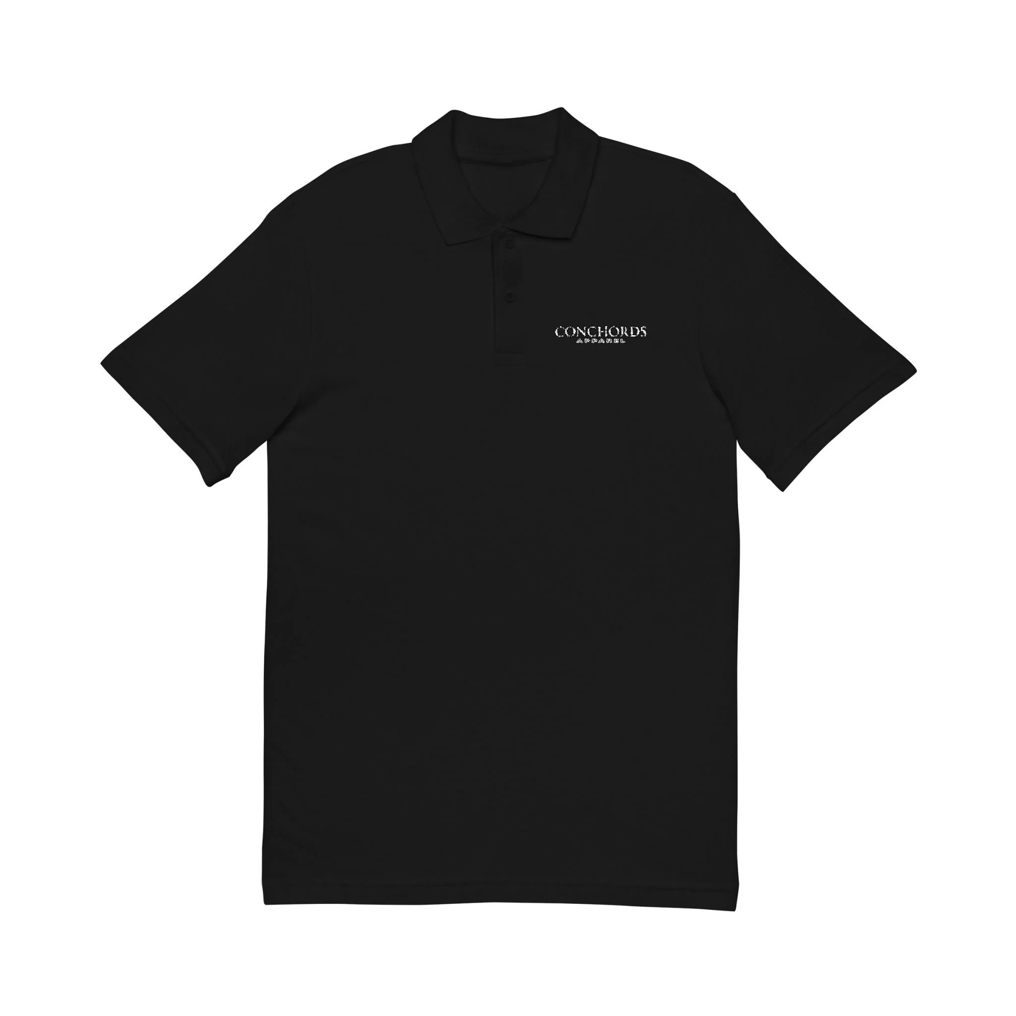 Black polo shirt with embroidered text 'CONCHORDS' on the left chest area.