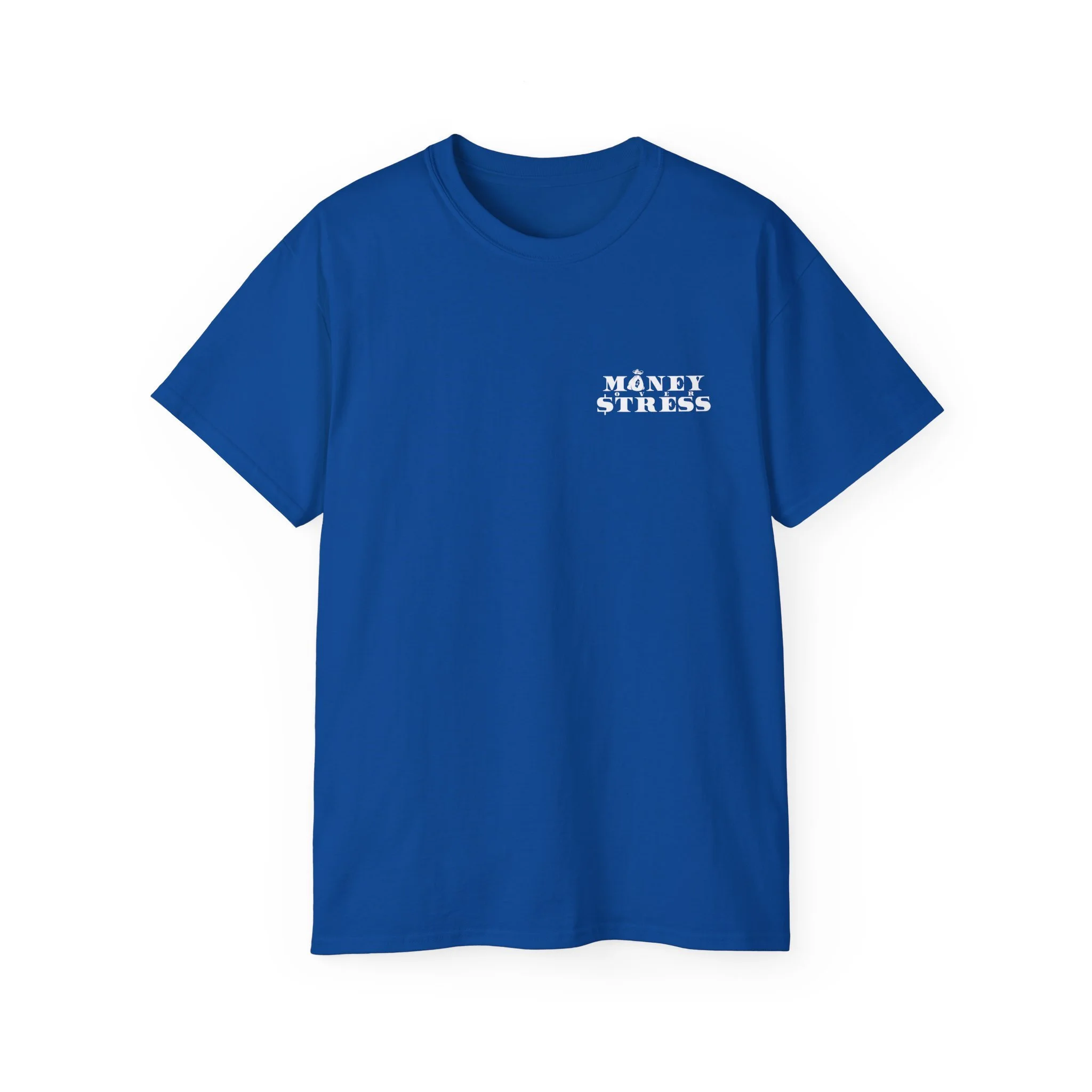 Blue T-shirt with the words 'Money Stress' printed on the chest.