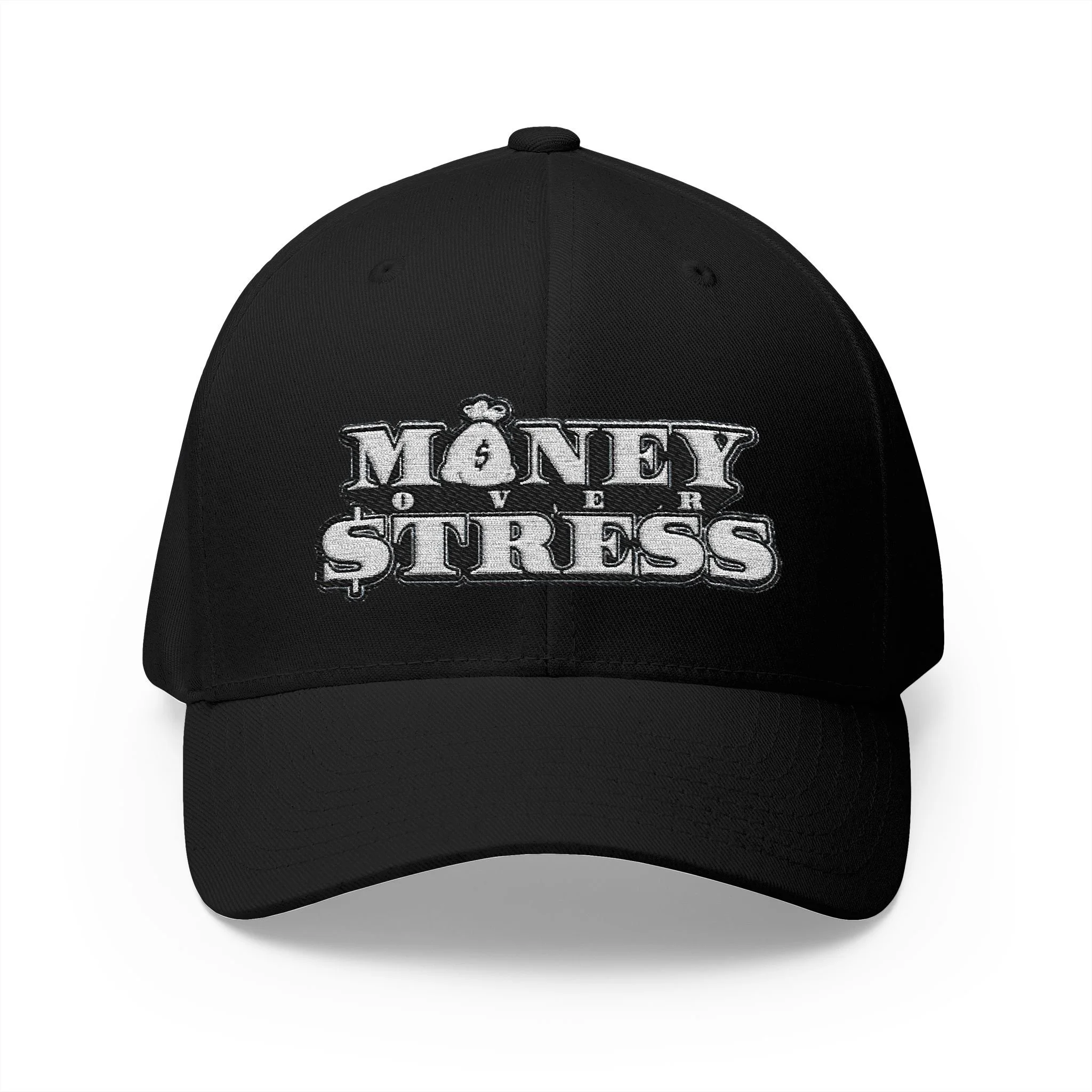 Black baseball cap with embroidered text 'Money Over Stress' and a money bag graphic in gray and white.