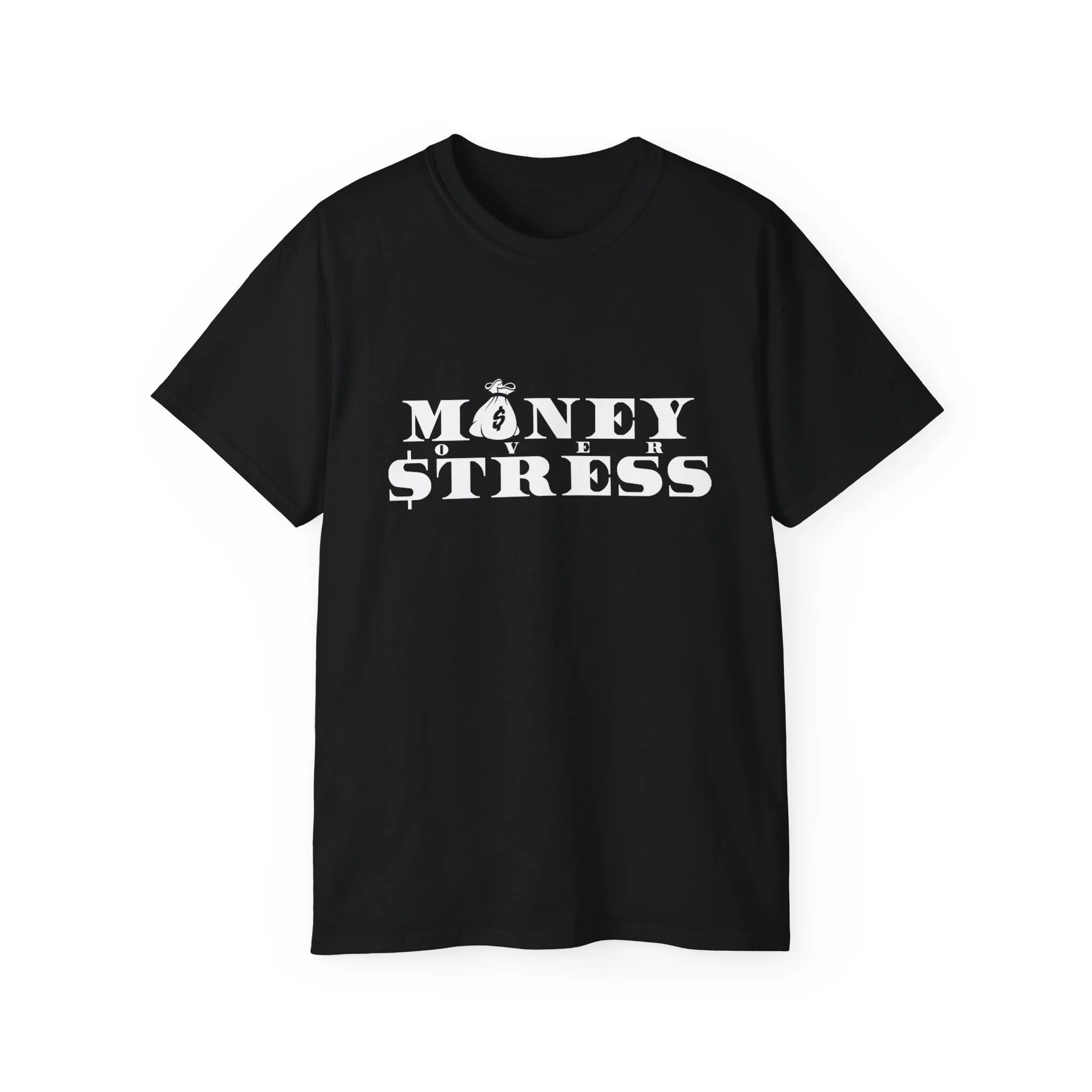 Black T-shirt with white text displaying "Money Over Stress" and a money bag icon with a dollar sign on it.