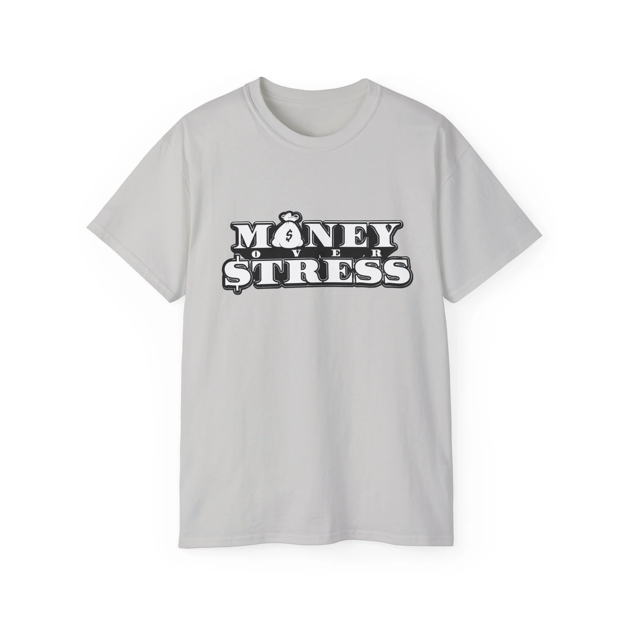 White T-shirt with black and white graphic text reading 'Money Over Stress' and a small money bag icon above the word 'Money'.
