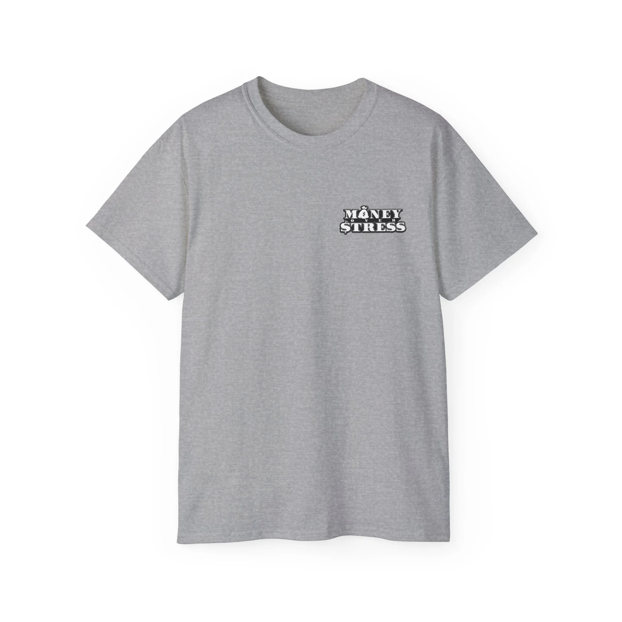 Gray T-shirt with the words "Money Stress" printed on the front.