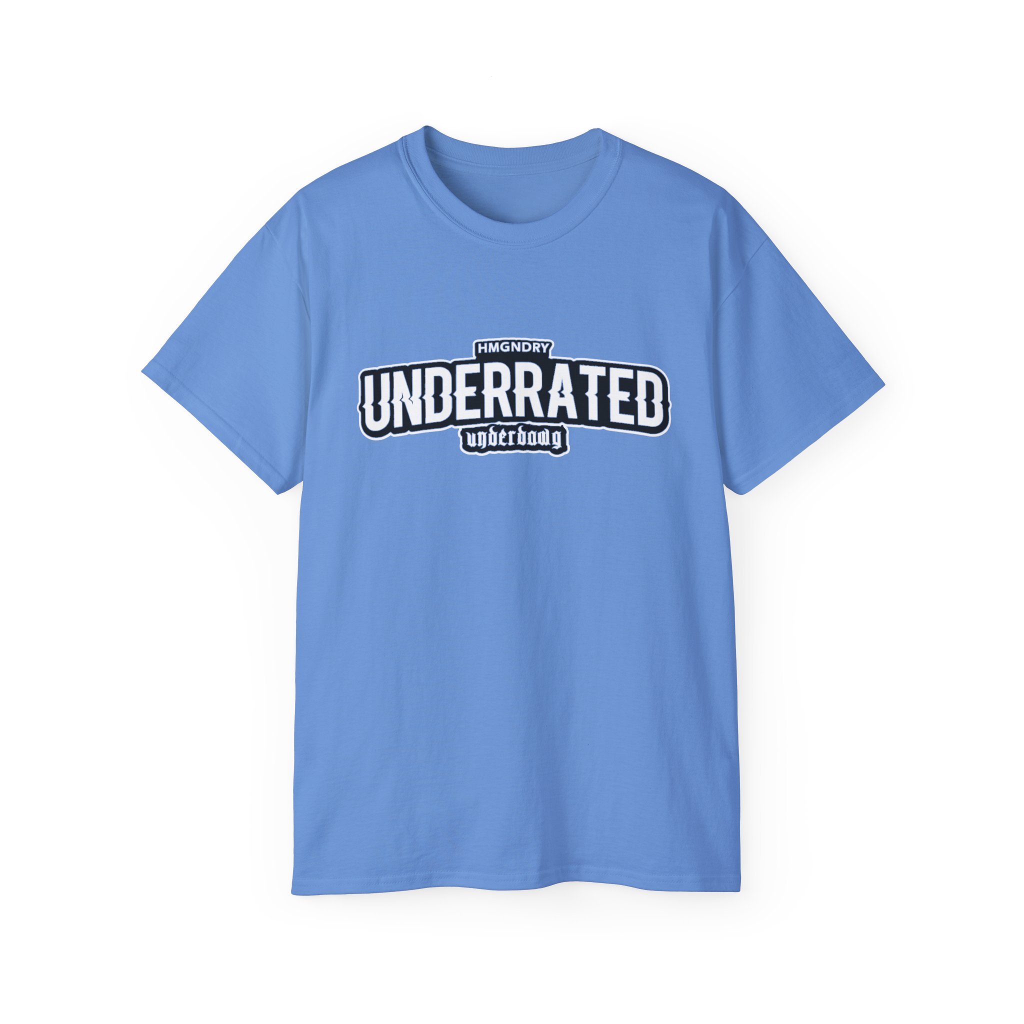Light blue T-shirt with black and white text reading "HMgndry UNDERRATED underground."