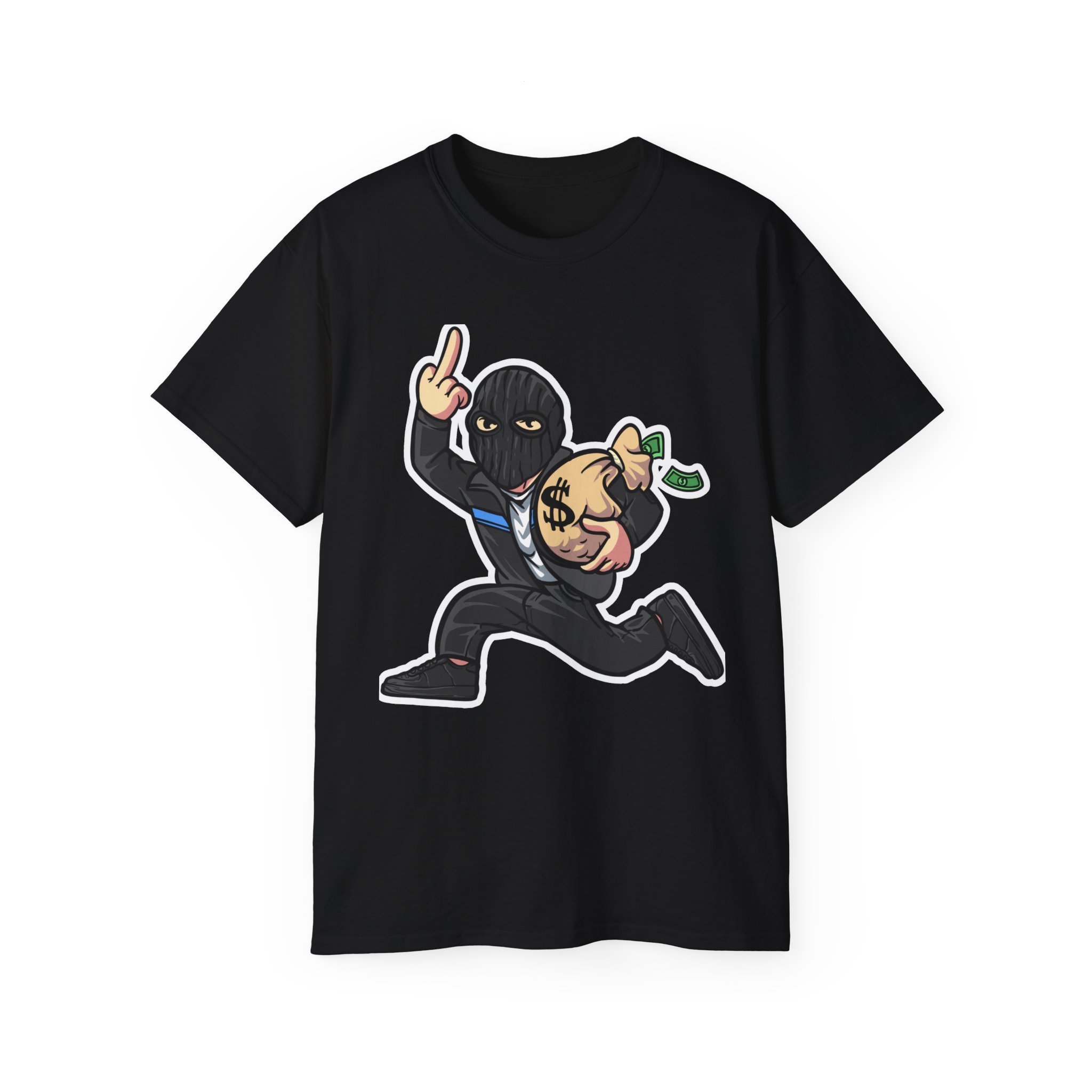 Black T-shirt with a cartoon character in a ski mask holding a money bag and making an offensive gesture.