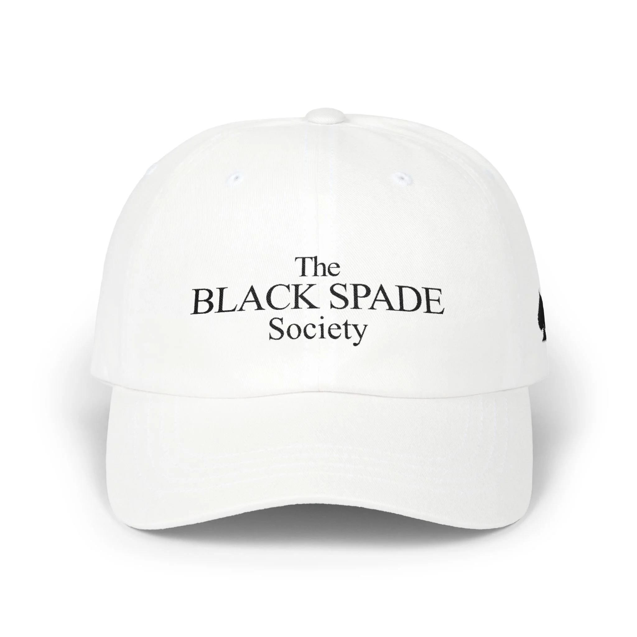 White baseball cap with black text that reads 'The BLACK SPADE Society'.