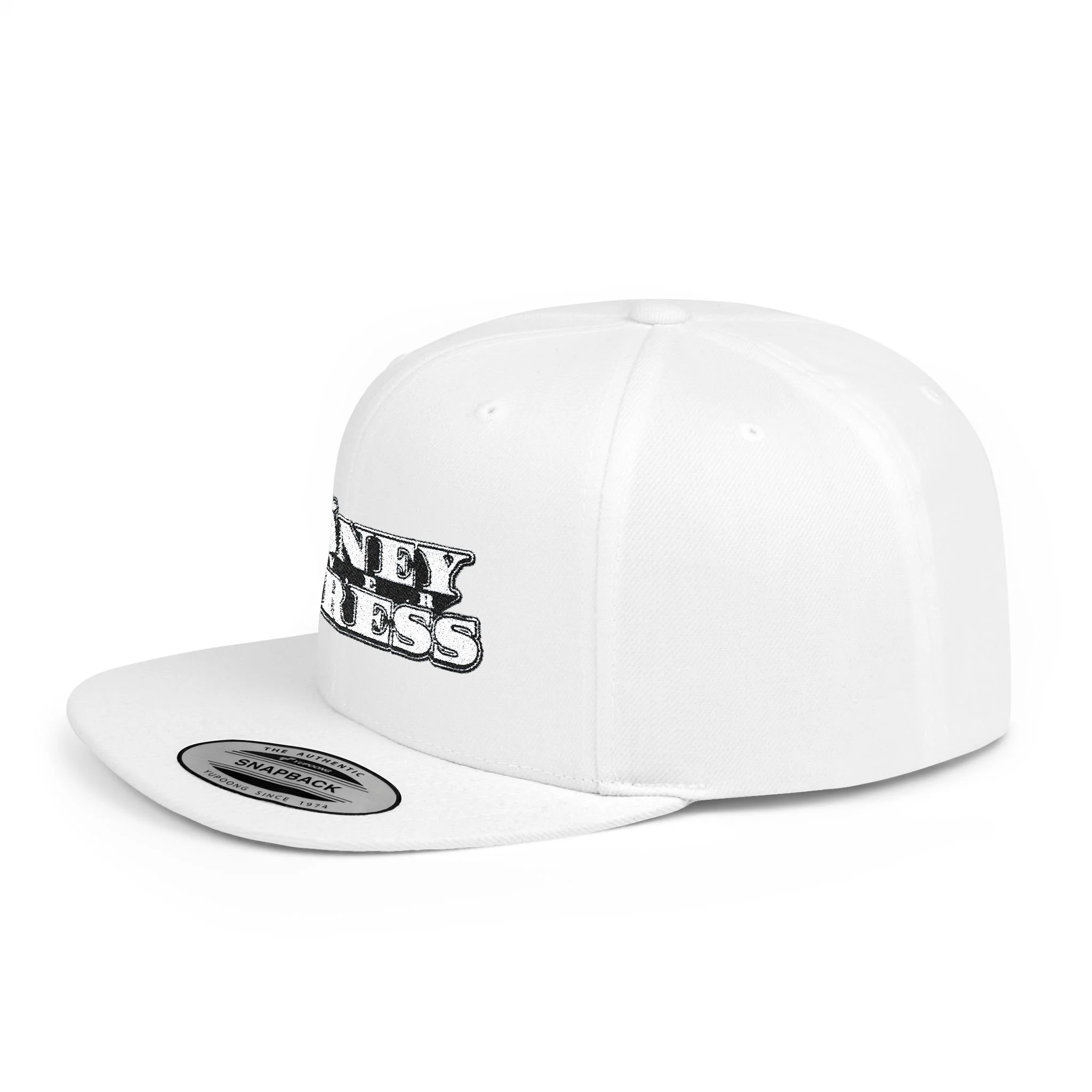 White snapback cap with black embroidered text and a sticker on the brim.