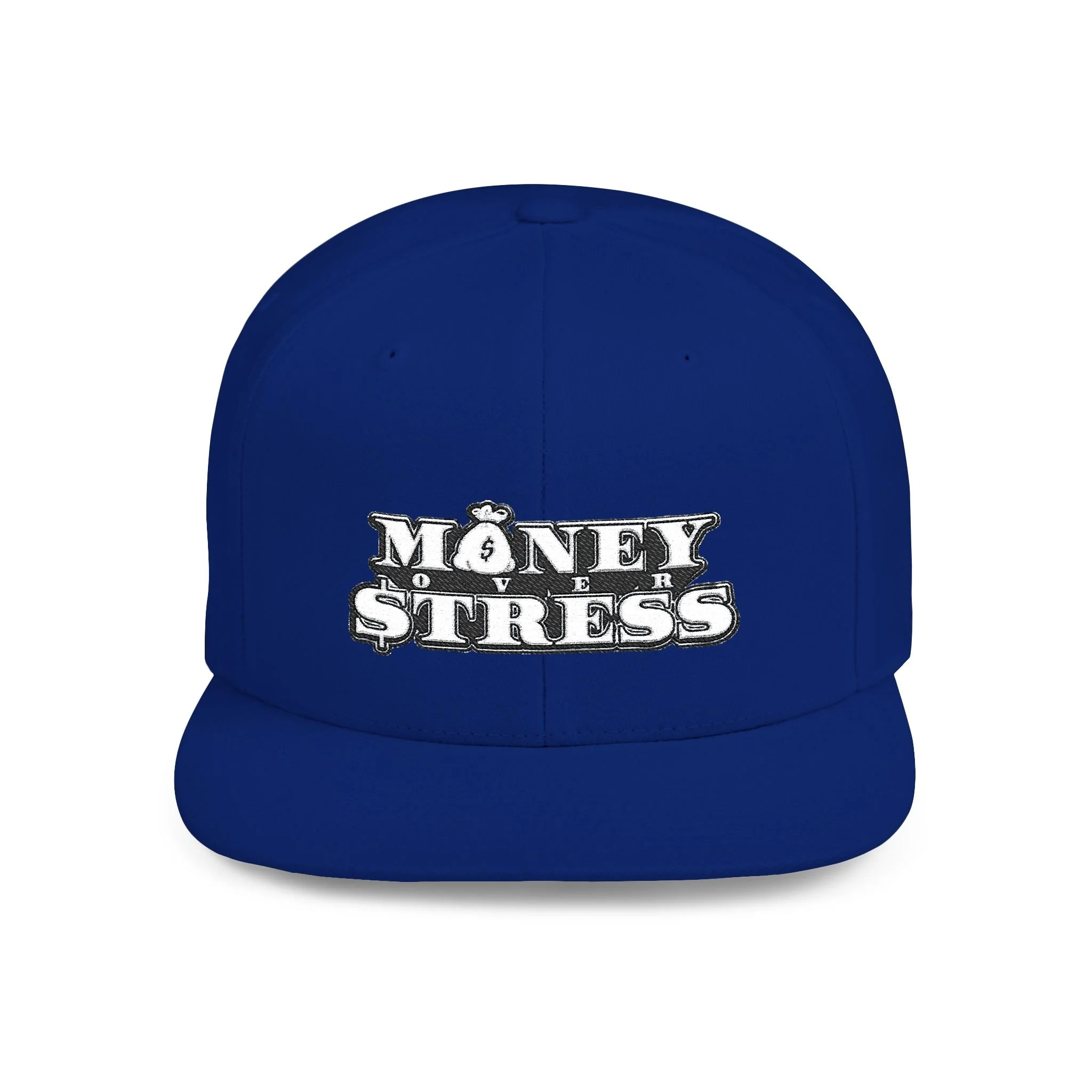 Blue baseball cap with embroidered text reading "Money Over Stress," featuring a money bag icon.