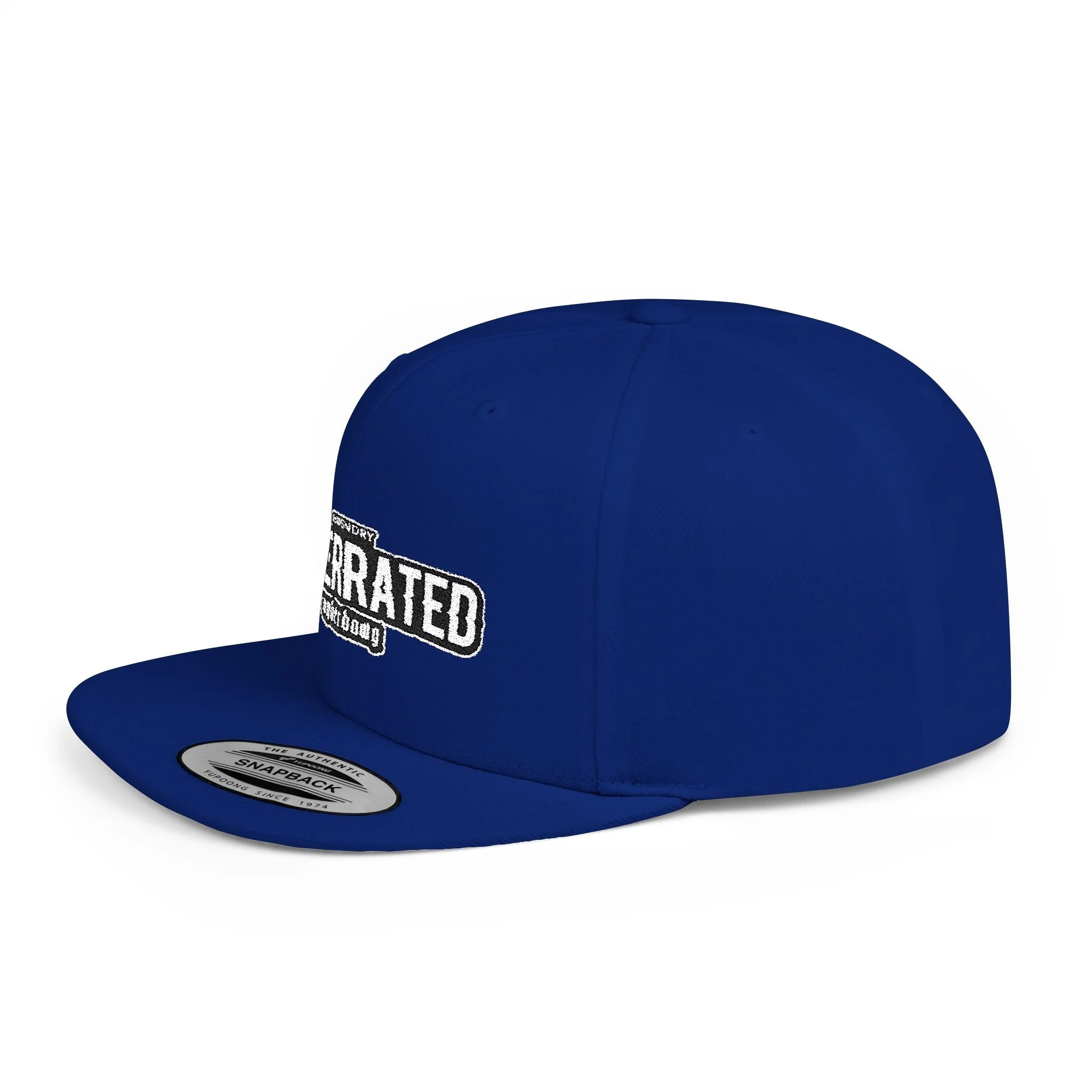 Blue snapback cap with a patch on the front that reads 'CONGRATULATED' and a sticker on the brim.