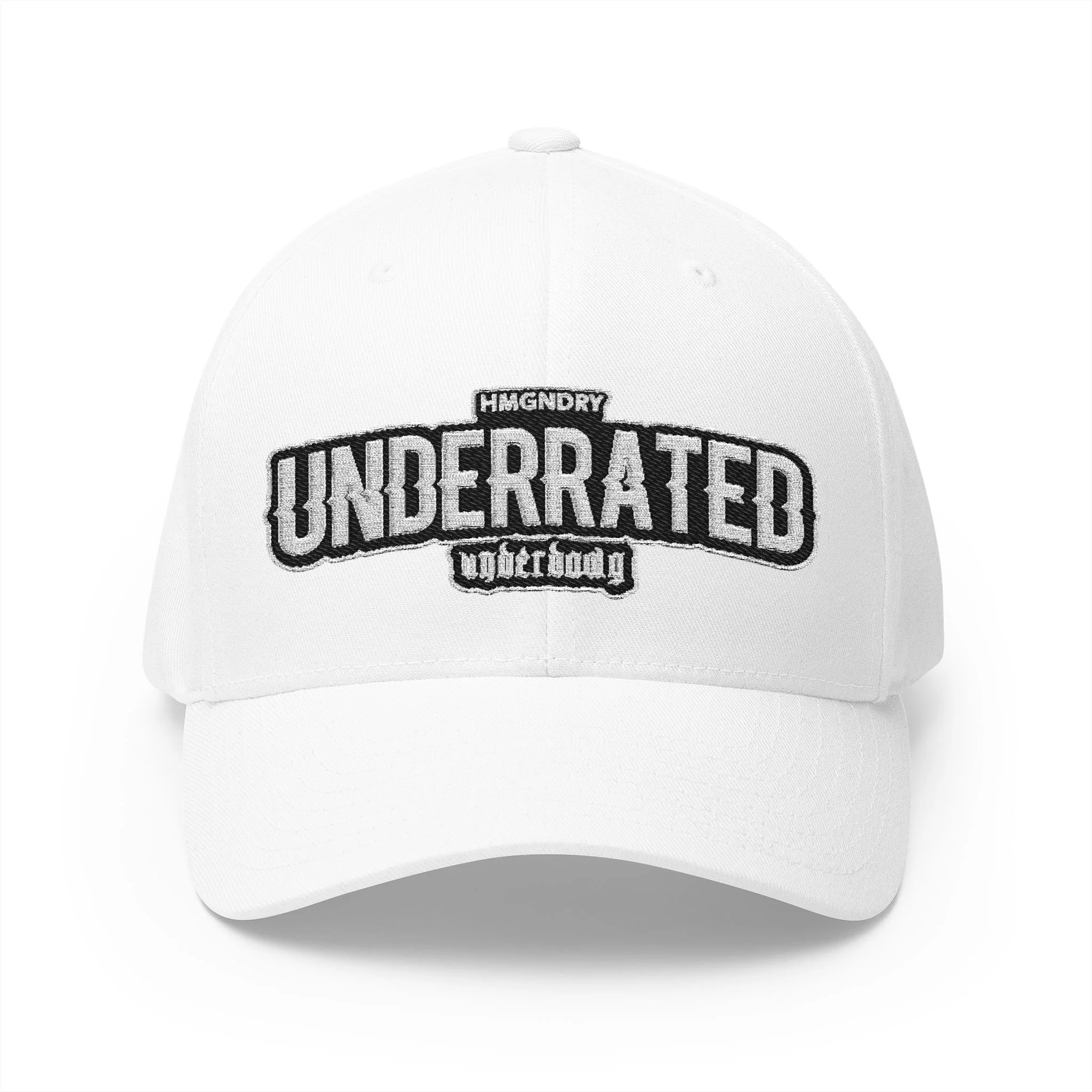 White baseball cap with embroidered text 'HMGNDRY UNBOTHERED' on the front.