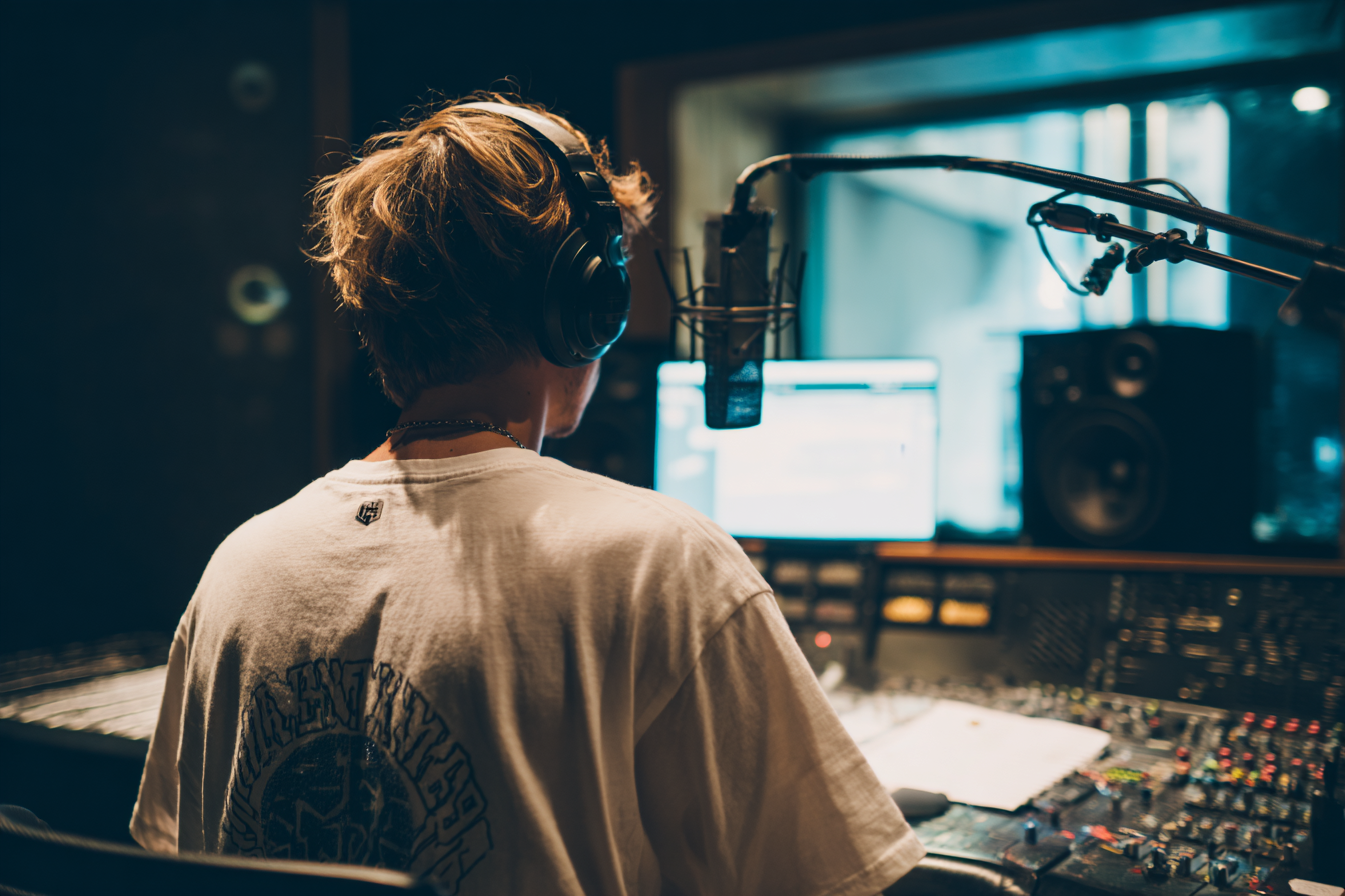 A person wearing headphones and a white t-shirt working in a recording studio with a microphone, mixing console, and music production equipment.