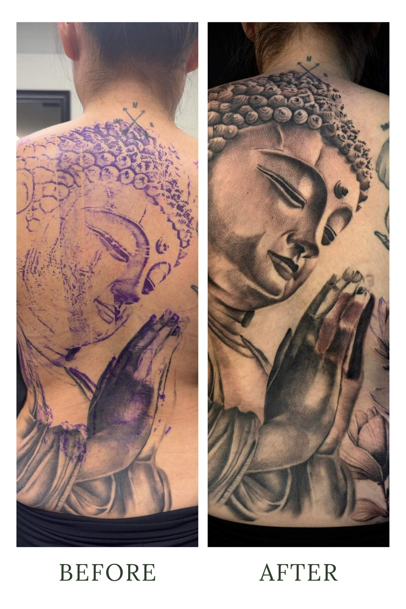 Comparison of a tattoo on a person's back before and after coloring. The tattoo depicts a serene Buddha with closed eyes, hands in a prayer position, and curly hair, with the background showing floral elements.
