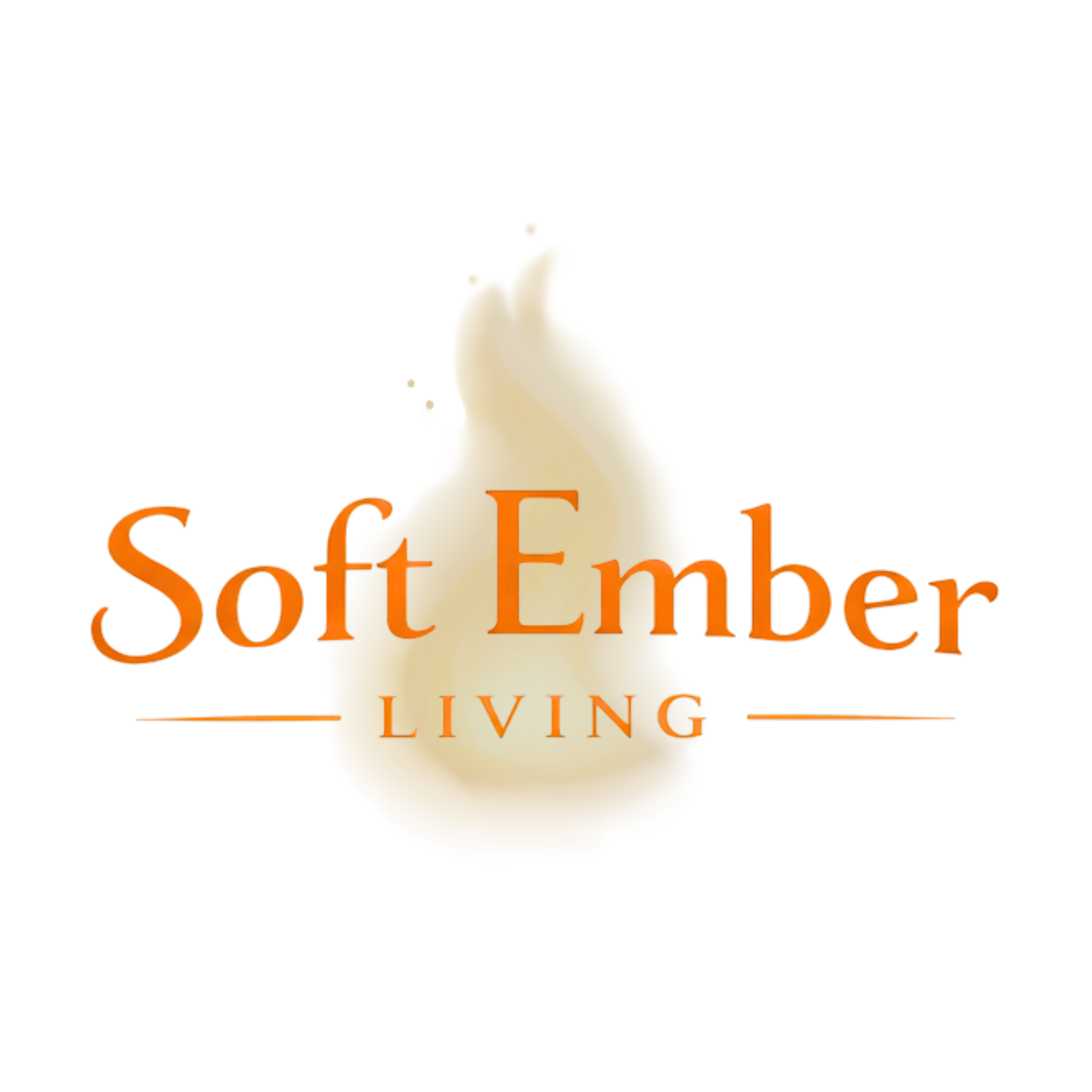 A logo for a living living event with stylized text 'Soft Ember' and an orange and yellow flame