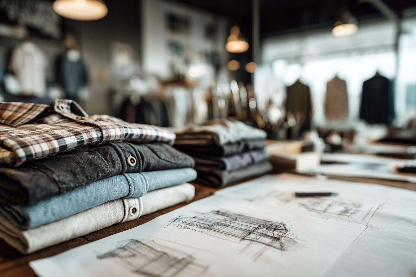 Stacked folded casual clothes and clothing sketches on a table in a clothing store or showroom.