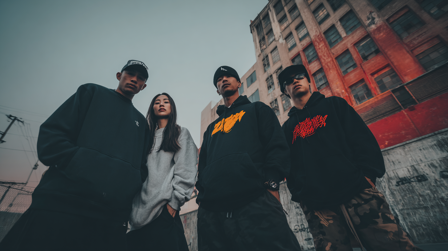 Four young adults wearing streetwear hoodies and casual clothing standing outdoors in an urban area, with an old brick building in the background on a cloudy day.