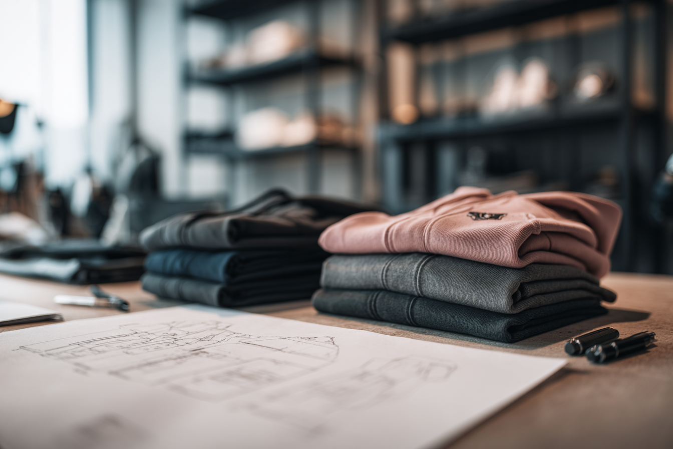Stacks of folded clothing on a wooden table with design sketches and pens, in a retail or design studio setting.
