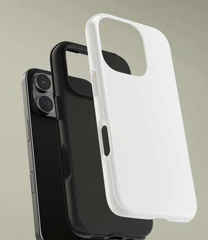 A black iPhone with dual cameras and a white phone case standing vertically against a light background.