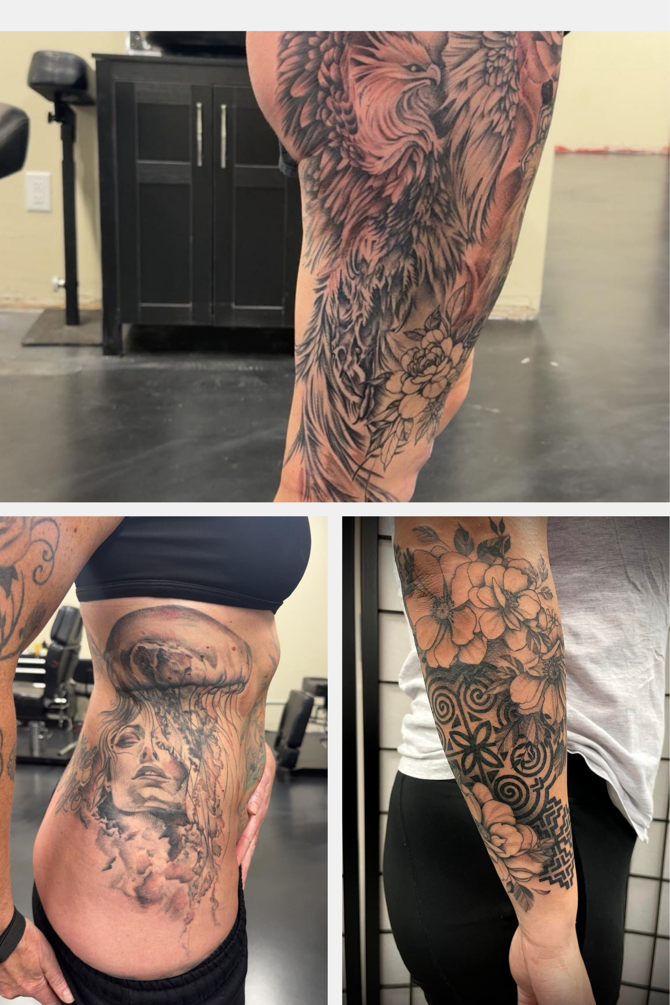 Collection of three tattoos: a detailed eagle and flower tattoo on a person's thigh, a realistic jellyfish and woman's face tattoo on a person's side, and a floral and geometric pattern tattoo on a person's arm.