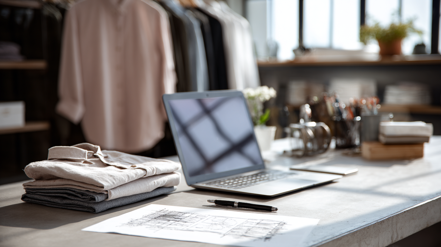 Clothing items, a laptop, and architectural plans on a work table in a clothing store or design studio.