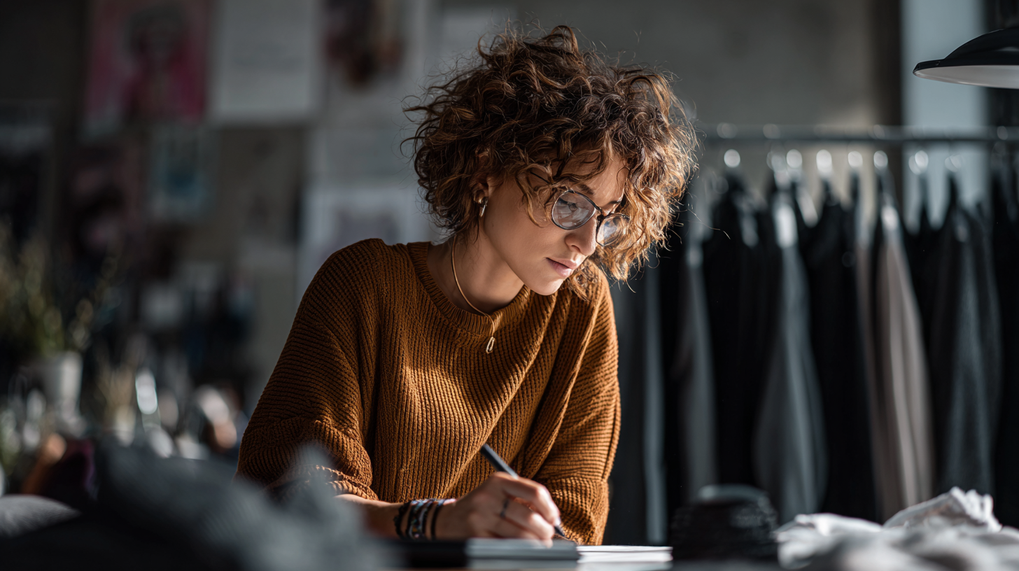 A woman with curly hair, glasses, and earrings wearing a brown sweater writing in a notebook in a clothing store or boutique.