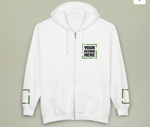 White zip-up hoodie with green and black placeholder text 'Your Design Here' on the chest and green accents on the cuffs.