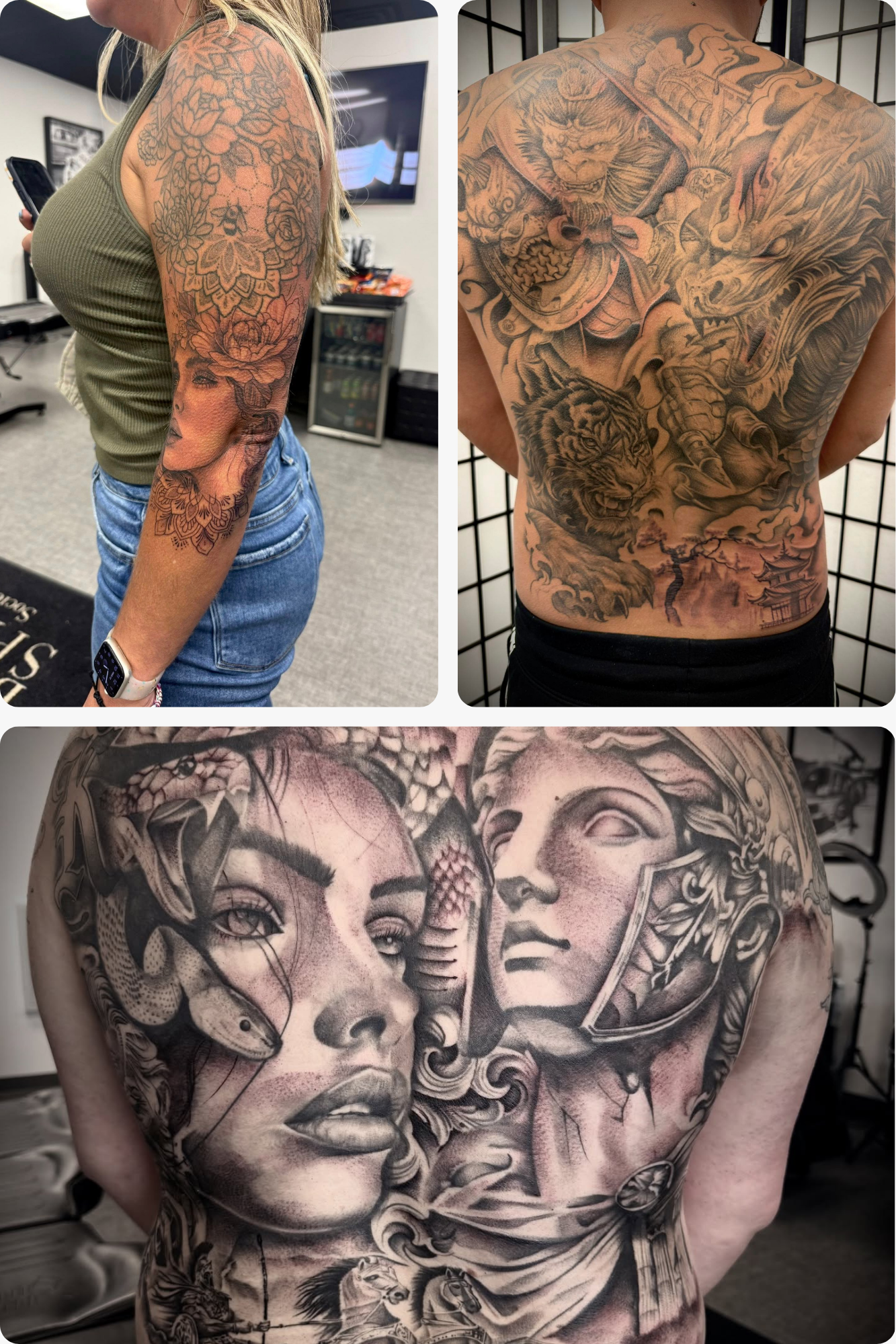 Three completed tattoos on different people's backs and arms. The first is a floral sleeve with a woman's face. The second features Japanese-style dragons and tigers. The third is a detailed black-and-gray portrait of a woman with koi fish and ornate designs.