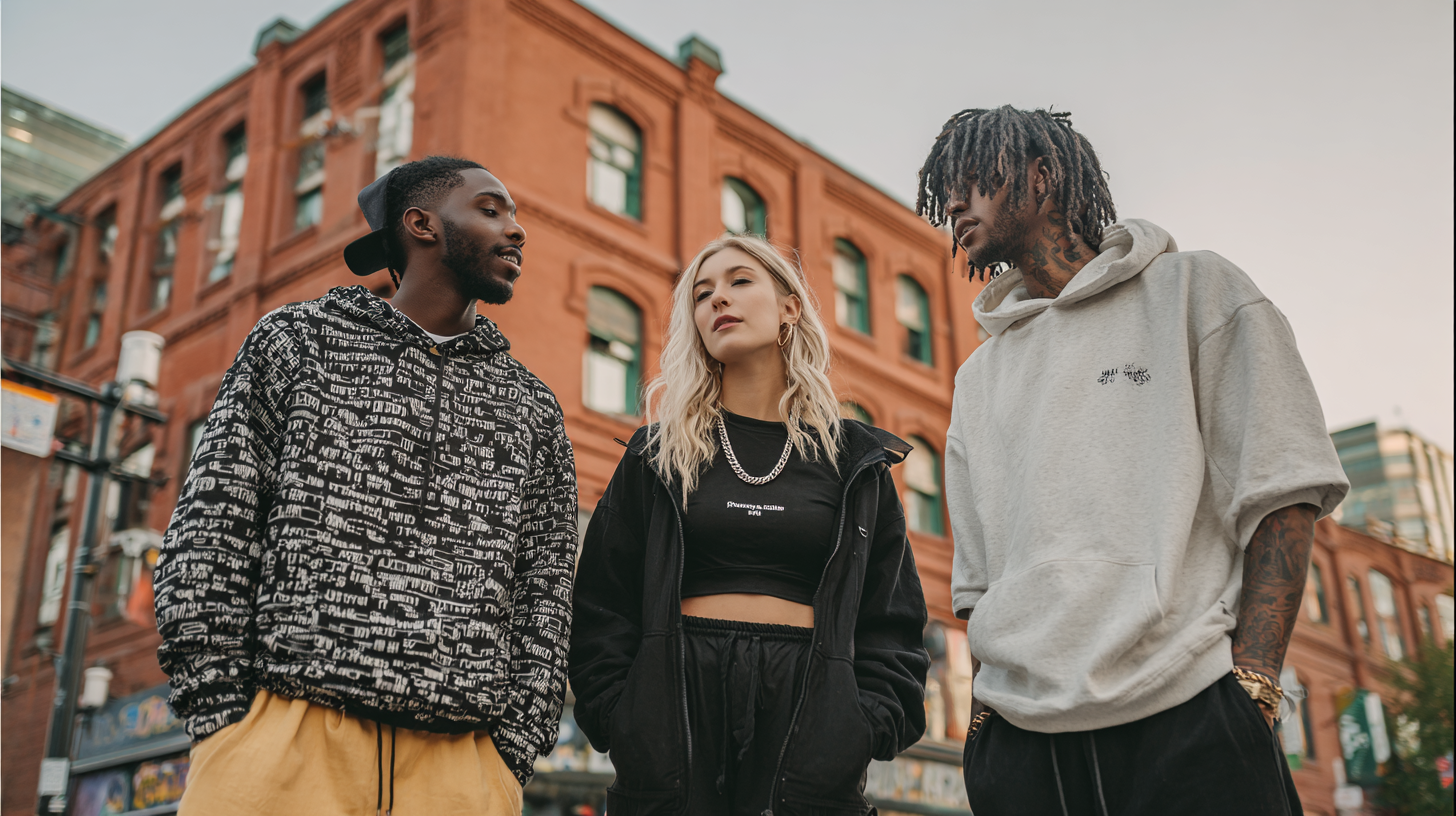 Three young adults standing outdoors in front of a red brick building, engaged in conversation.
