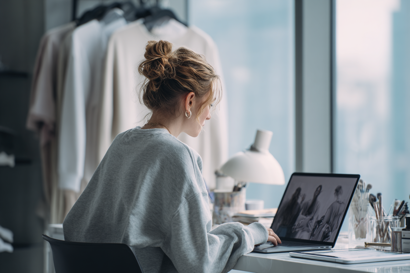 A woman with a bun hairstyle wearing earrings looks at her computer screen while sitting at her desk. Behind her are clothing racks with white shirts, and she is in a bright room with a large window.