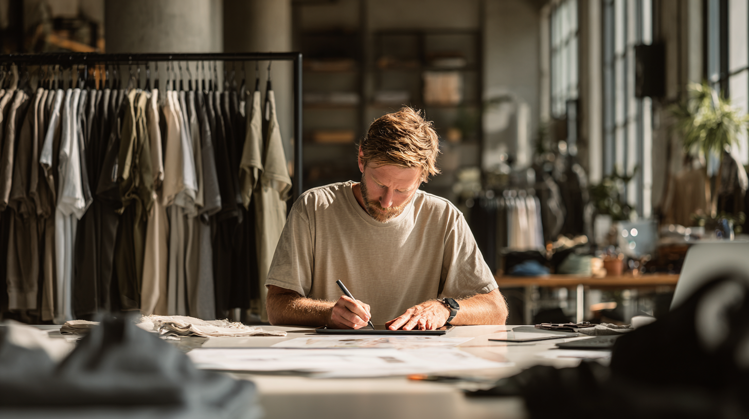 A man working at a design table in a clothing store or studio, surrounded by racks of clothes and fabric samples, with sunlight streaming through large windows.