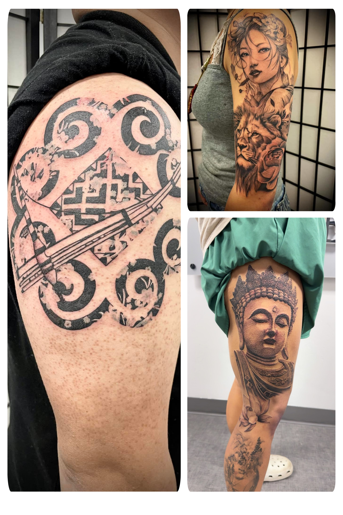 Three different tattoos on people's arms and legs, including abstract patterns, a woman's face with a lion, and a Buddha head with flowers and landscape elements.