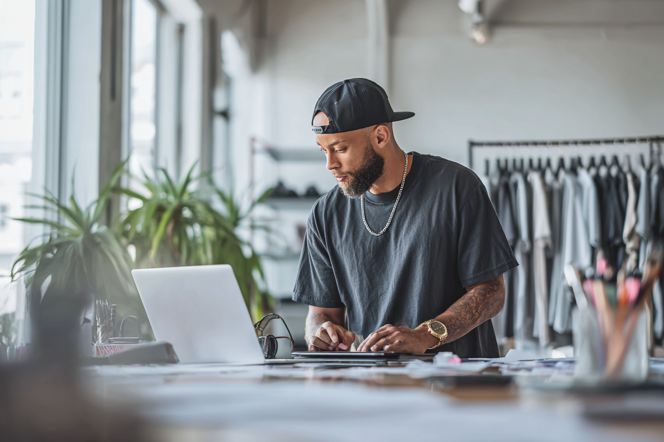 Man working at a fashion studio or retail shop, surrounded by clothing racks and a laptop.