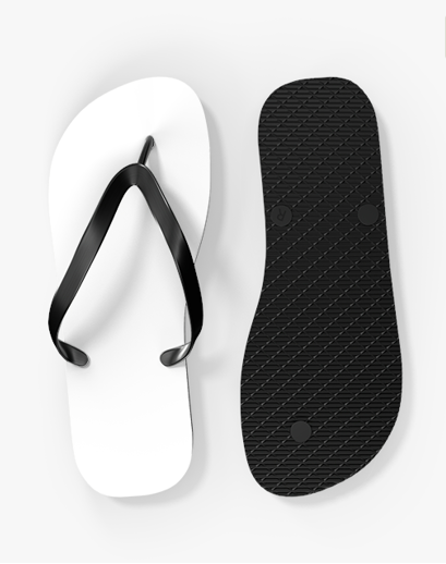 A pair of black and white flip-flops, with the left flip-flop showing a white sole and black strap, and the right flip-flop showing a black textured sole.
