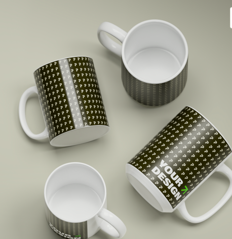 Four mugs with question mark patterns, two with interior visible, placed on a white surface.