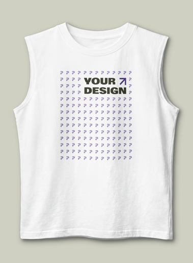 White sleeveless shirt with placeholder text 'Your Design' and a purple upward arrow, surrounded by rows of question marks.