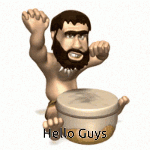Cartoon caveman with a beard and no shirt, raising one fist and holding a large clay pot, with the text "Hello Guys" beneath.