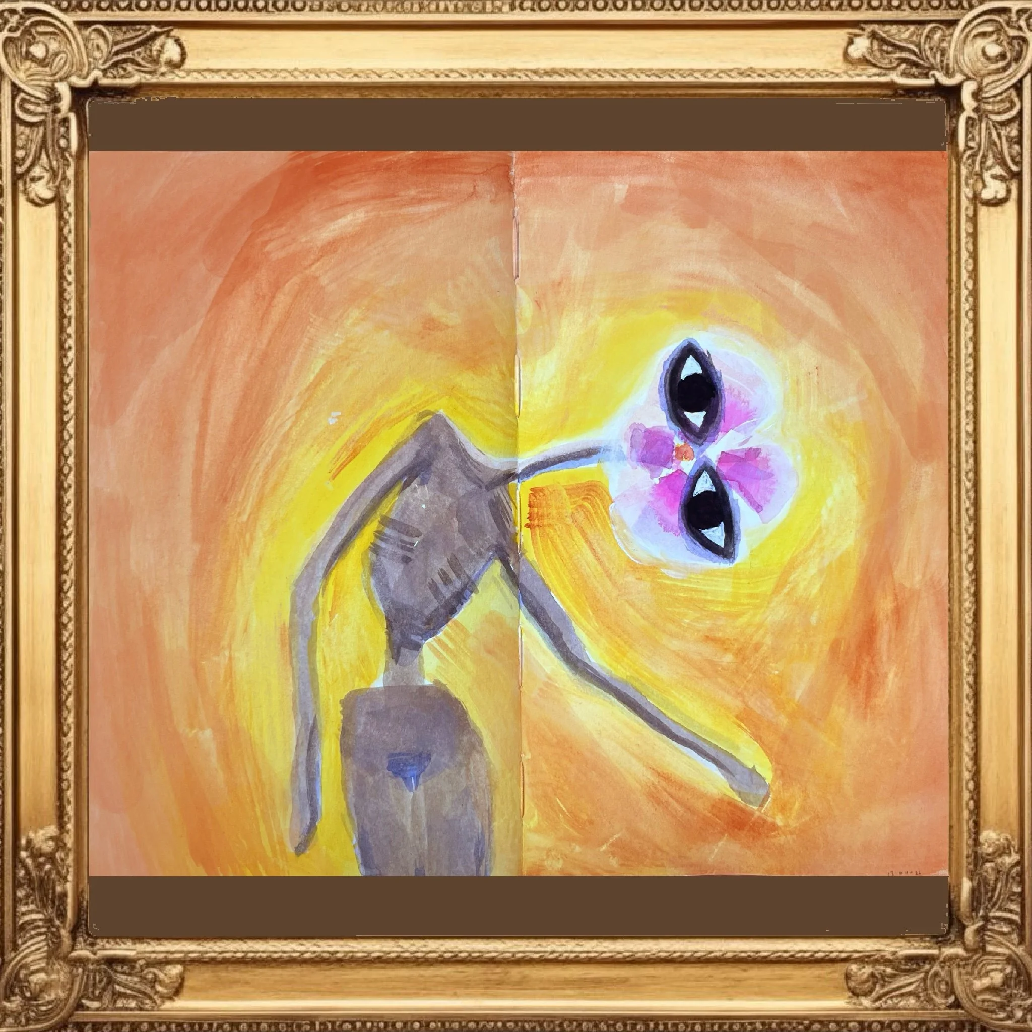Close-up of a colorful abstract painting with orange, yellow, purple, and black shapes, framed in an ornate gold decorative frame.