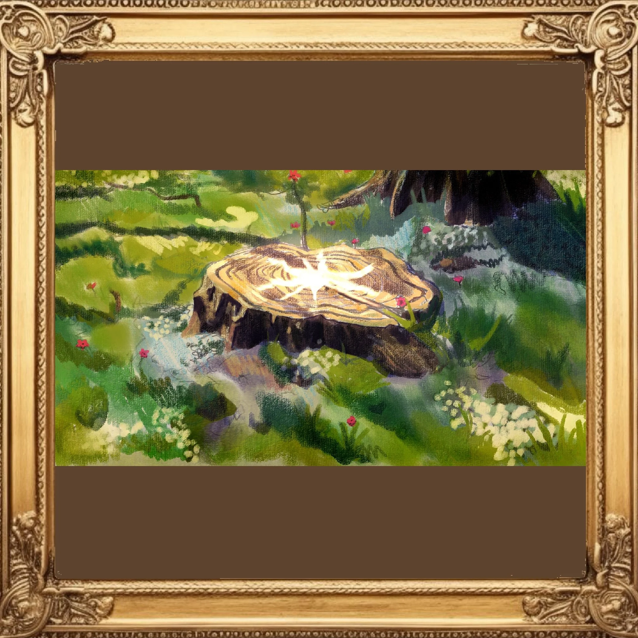 Framed painting of a lush green landscape with a tree and pink flowers, under a wooden frame with ornate carvings.