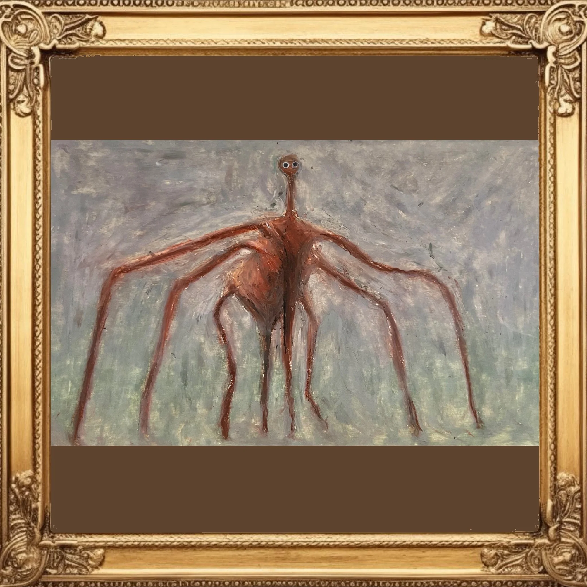 A painting of a creature with a long neck, large eyes, and a small head, framed with ornate gold-colored detailing.