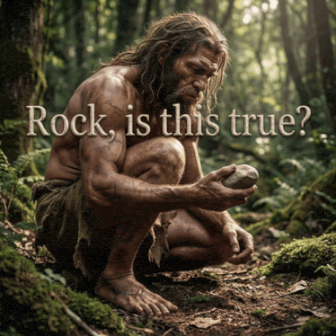 A prehistoric human sitting in a forest holding a rock, with the text "Rock, is this true?" overlayed.