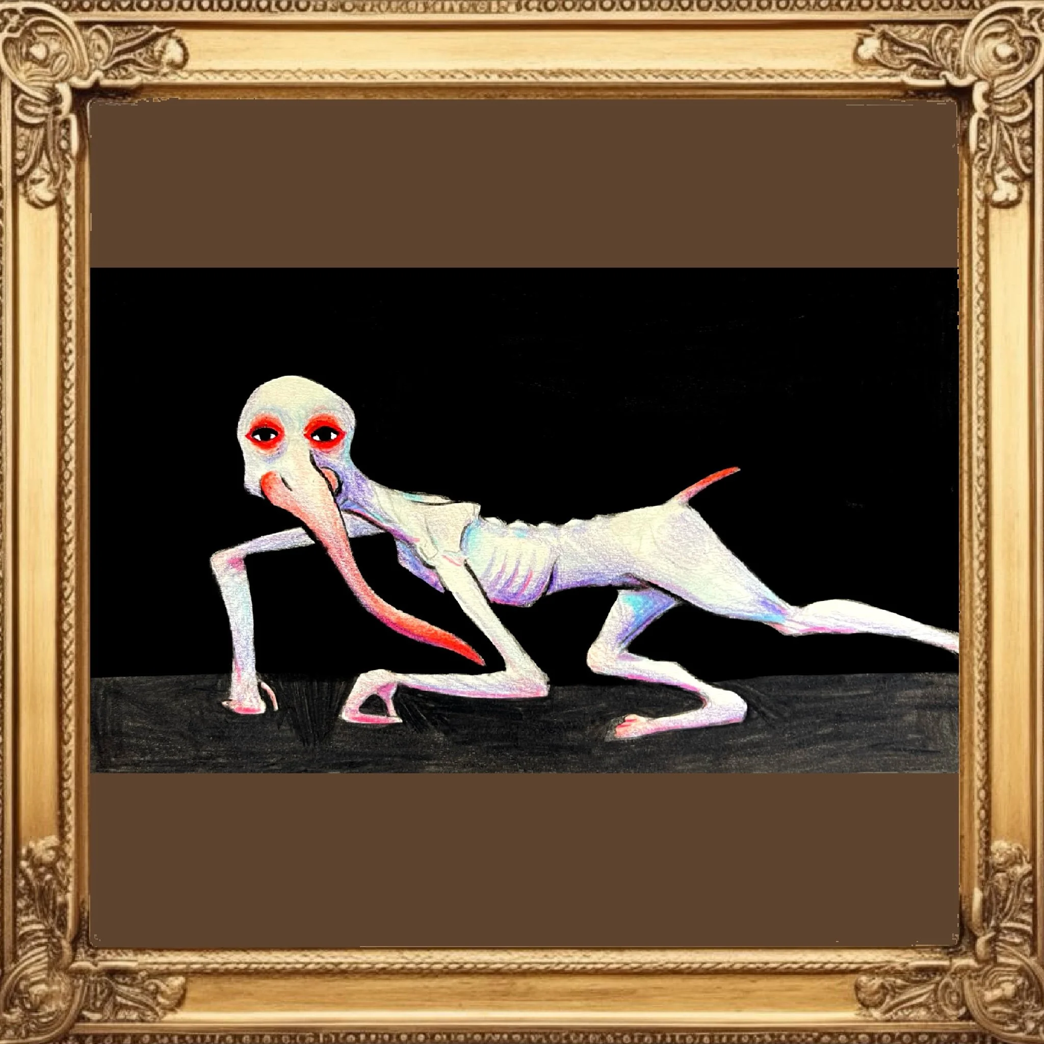 A framed illustration of a human fetus with red eyes, lying on its side against a black background.
