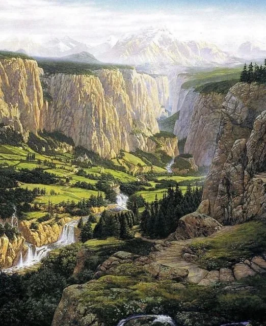 Landscape painting of a lush valley with waterfalls, trees, and mountains in the distance.
