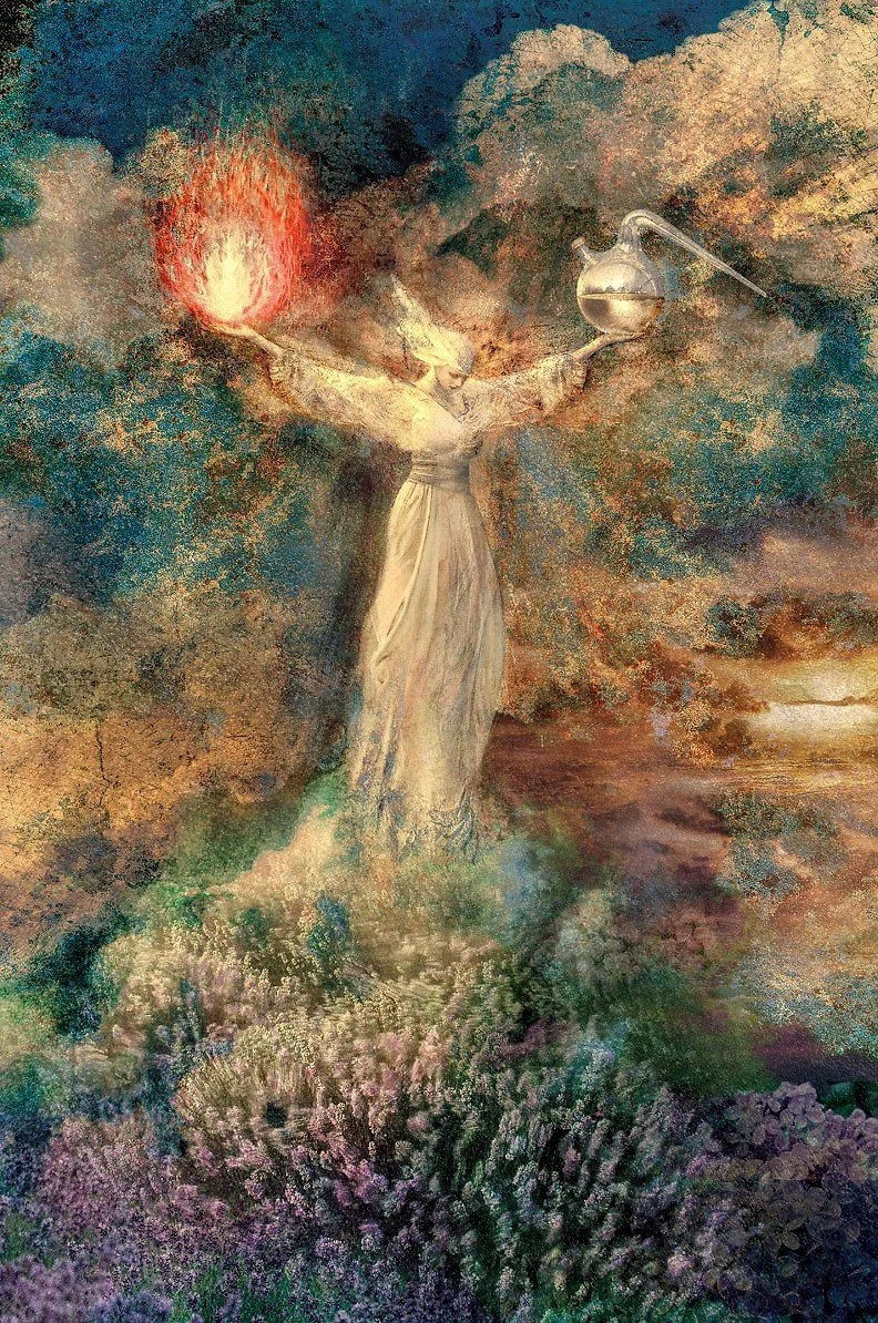 An artistic depiction of a woman with outstretched arms, holding a flame in her left hand and a laboratory flask with a liquid and a pipette in her right hand. She stands on a lush, colorful landscape with flowers, against a backdrop of a colorful, cloudy sky.