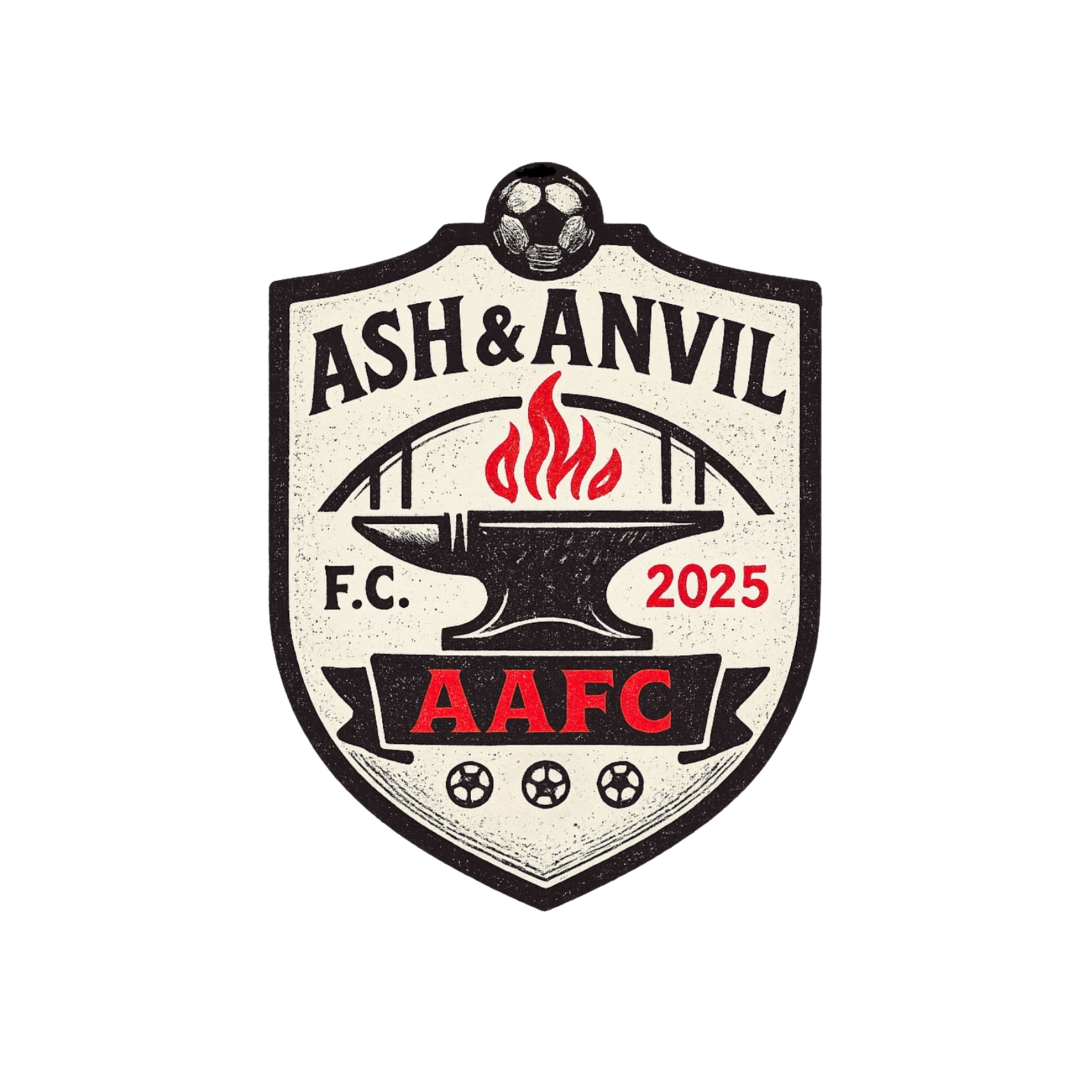 A shield-shaped emblem for Ash & Anvil F.C., featuring a black anvil with red flames on top, a soccer ball at the top, and four smaller soccer balls at the bottom, with the text '2025' and 'AAFC' in red.