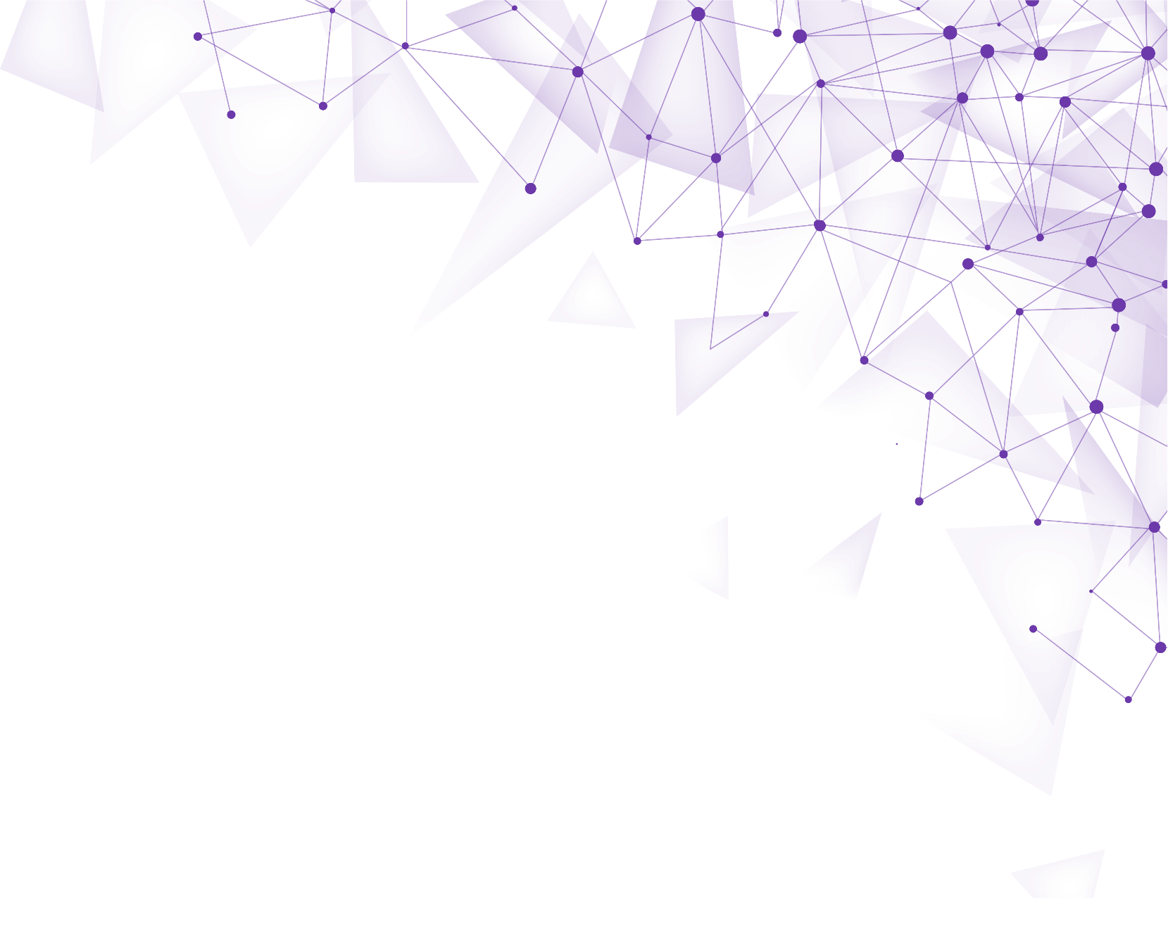 Digital abstract geometric artwork consisting of purple triangular shapes with concentric circles, connected by thin lines on a black background.