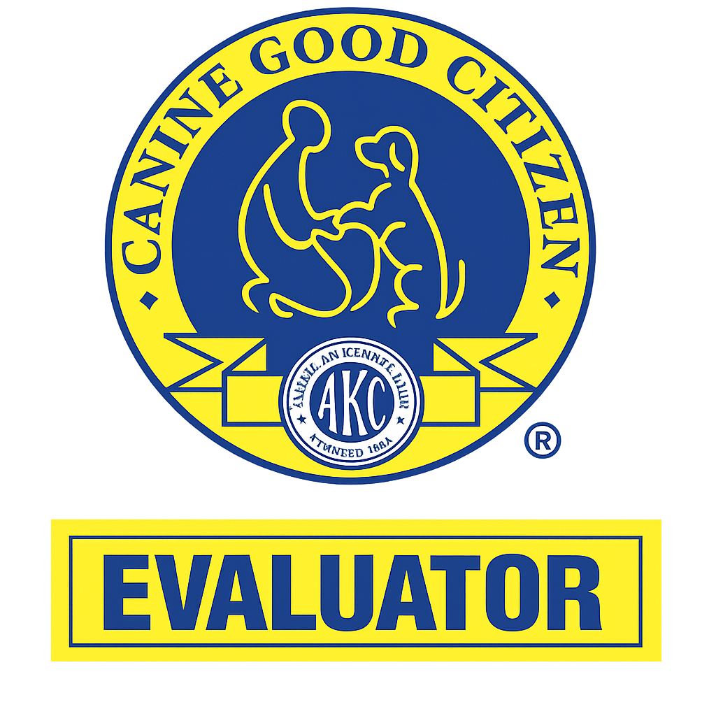 A circular badge with a blue background and yellow border reading 'CANE GOOD CITIZEN' around an outline of a person kneeling and extending a hand to a dog. Below, a logo with 'AKC' and 'Founded 1884' and a yellow rectangular label with blue text reading 'EVALUATOR'.