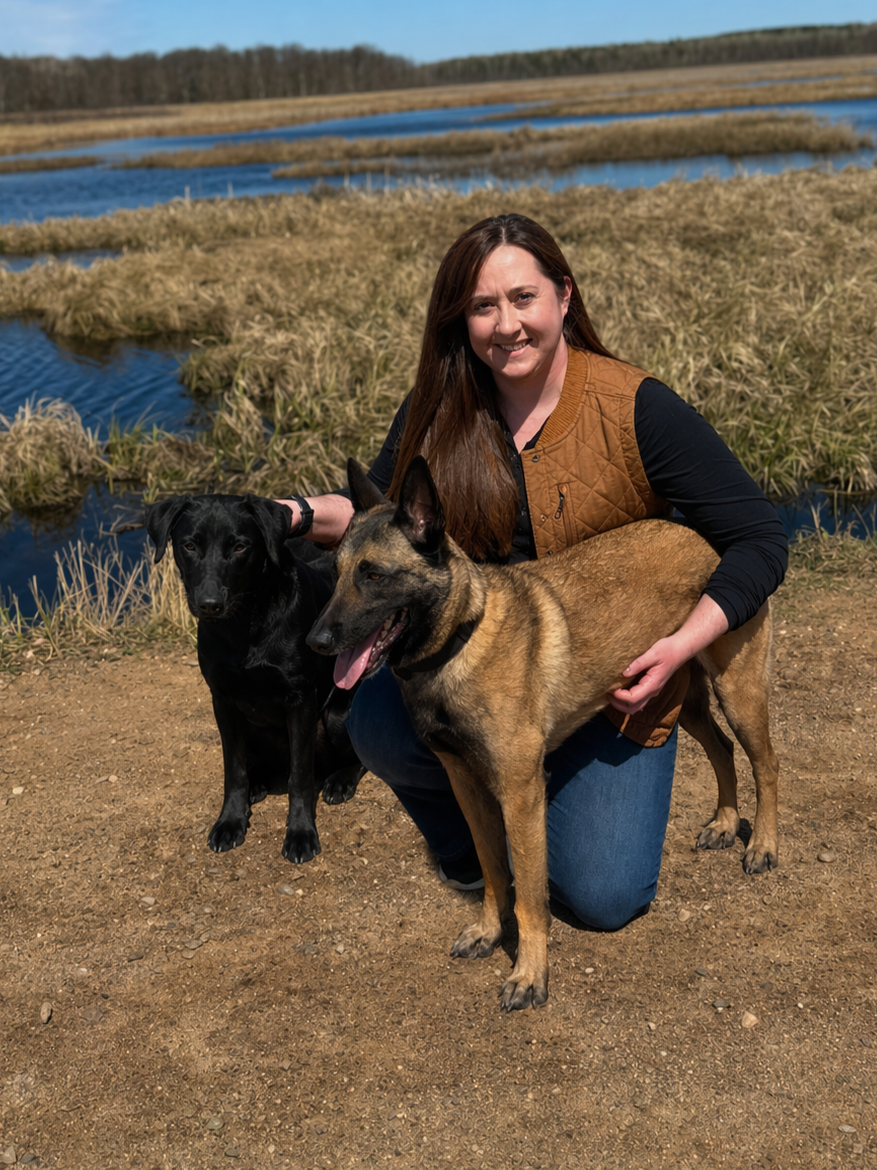A woman smiling and squatting on a dirt path, holding two dogs, one black and one tan, by a wetland with water and reeds in the background.