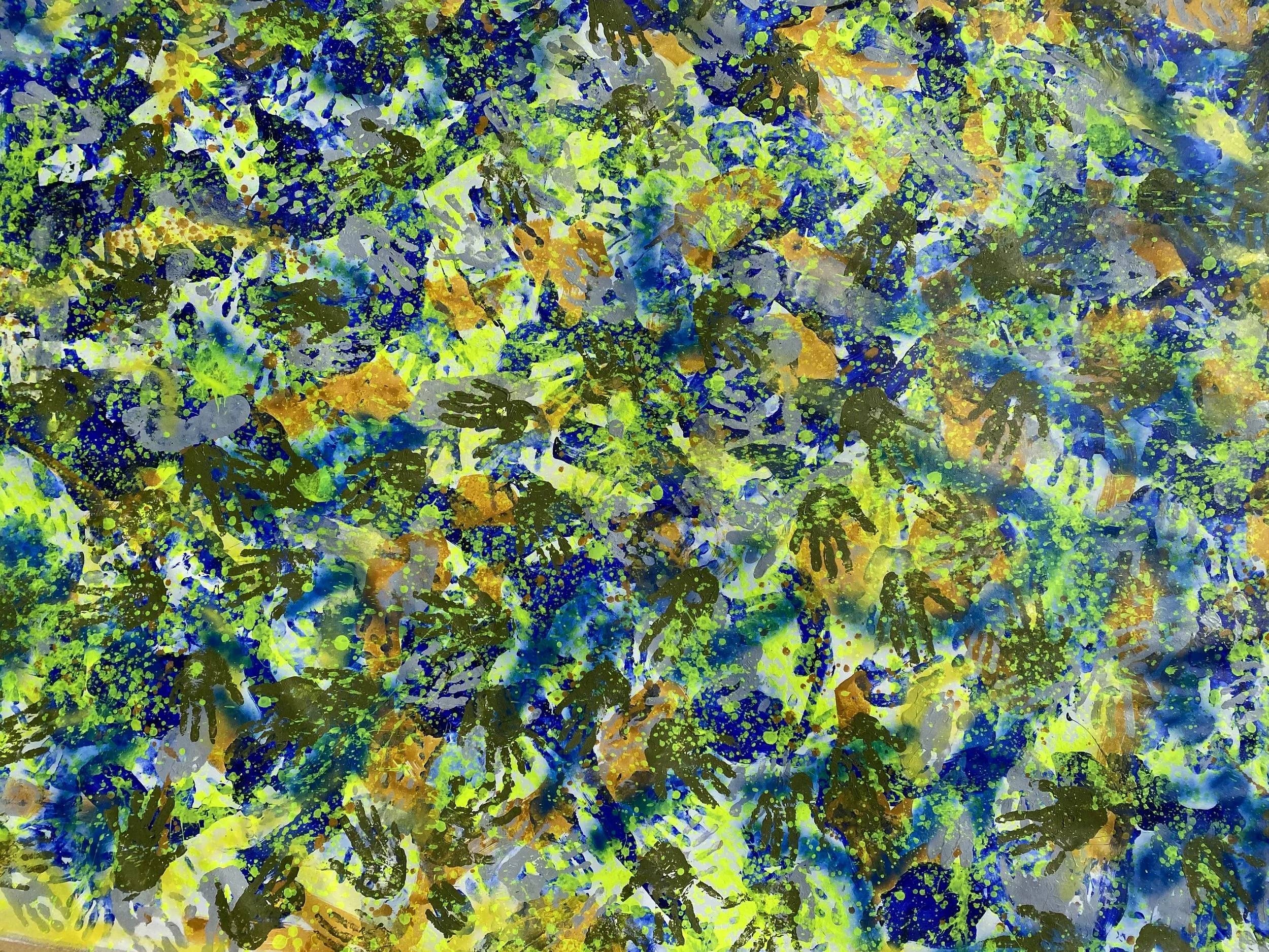 Detail  from Nine by Iryna Sushelnytska: purple profiles, blue-yellow bodies and a seated figure viewed from behind.